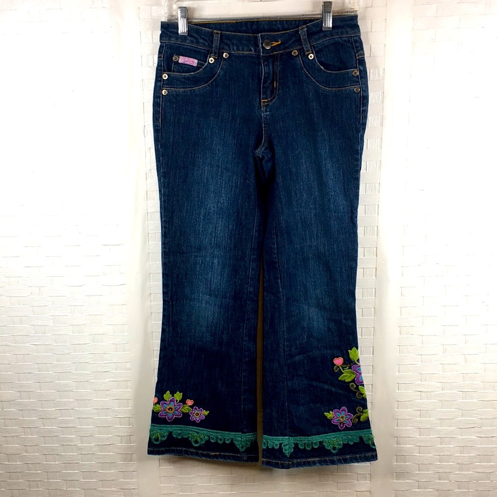 Lipstik Girls Blue Jeans Size 16 Beaded Embroidered Floral Bootcut Low-Rise *I